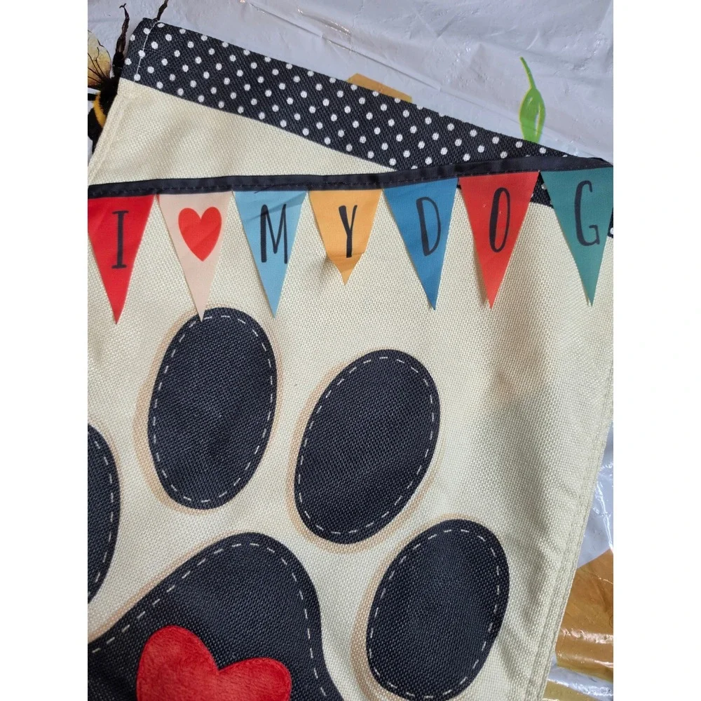 I Love My Dog Garden Flag Burlap Paw Print Heart Decorative Yard Banner